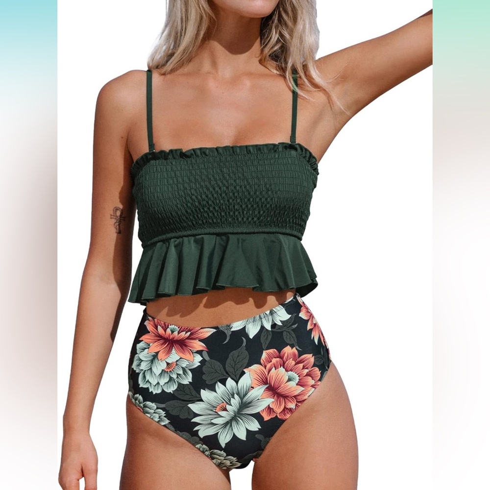 Cupshe Dark Green Ruffled Smocked Bikini Top with Black Floral High-Waist Bottom
